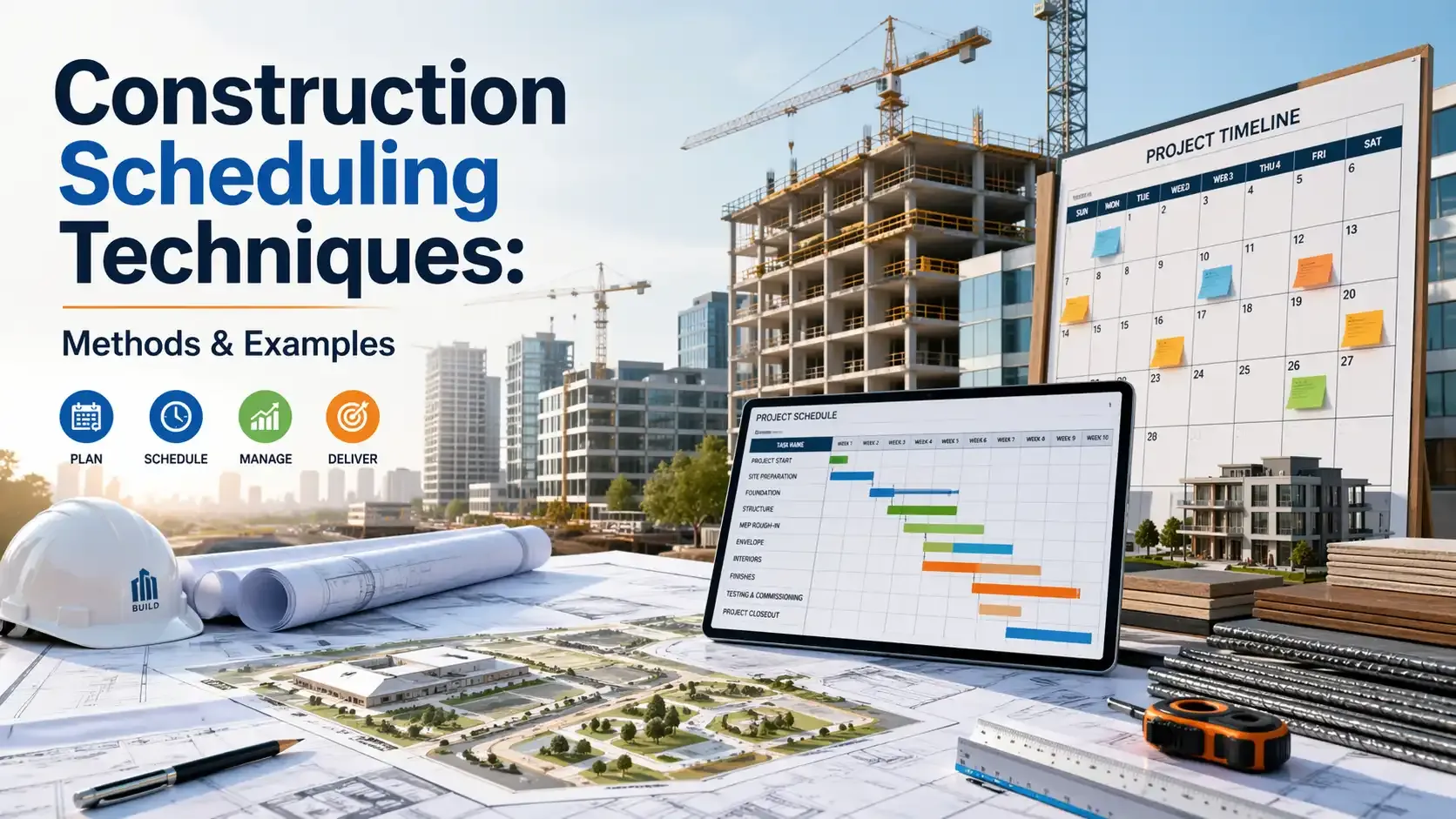 Construction scheduling techniques graphic with timeline